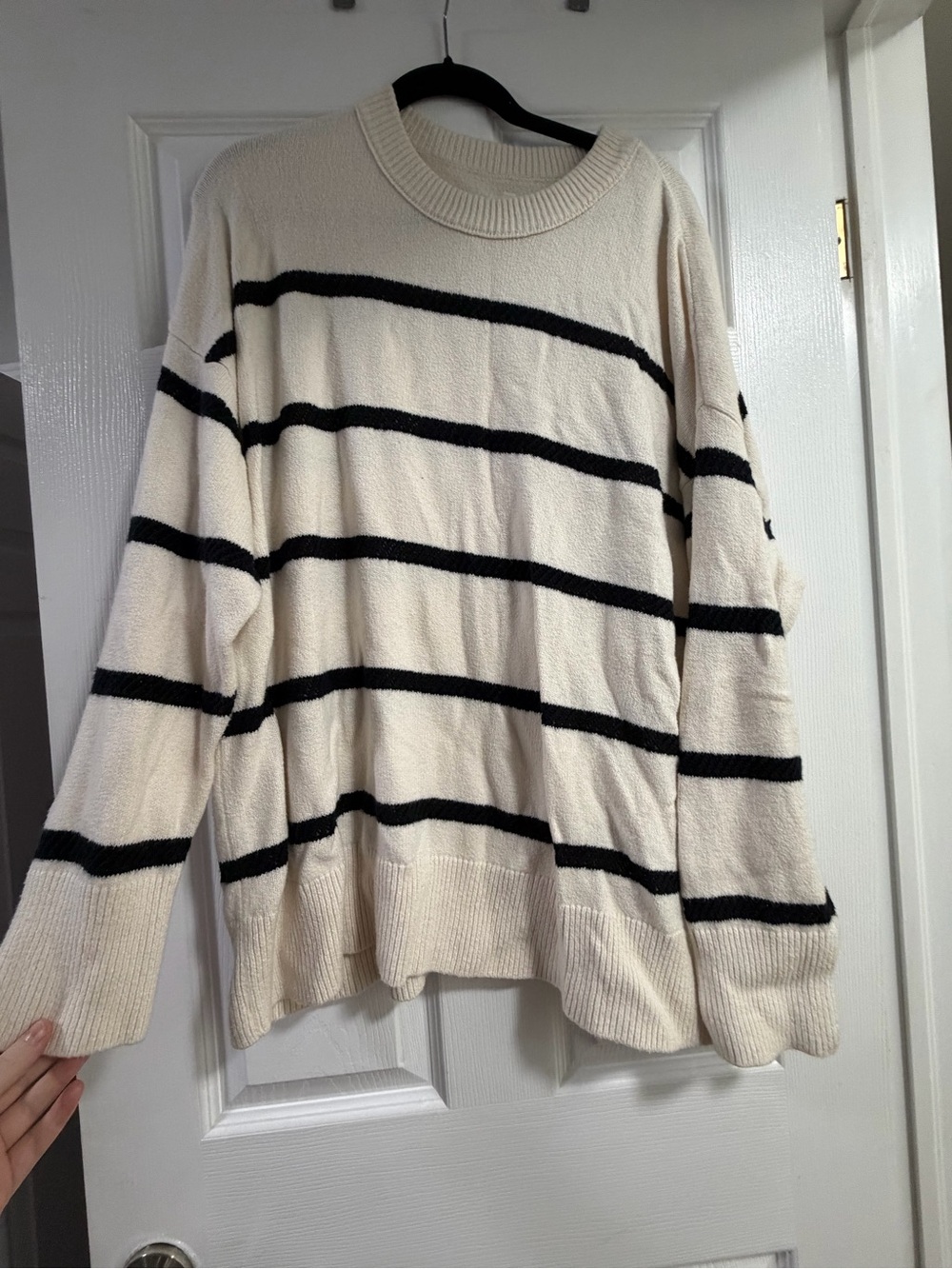aerie Cream and Black Striped Crewneck Sweater